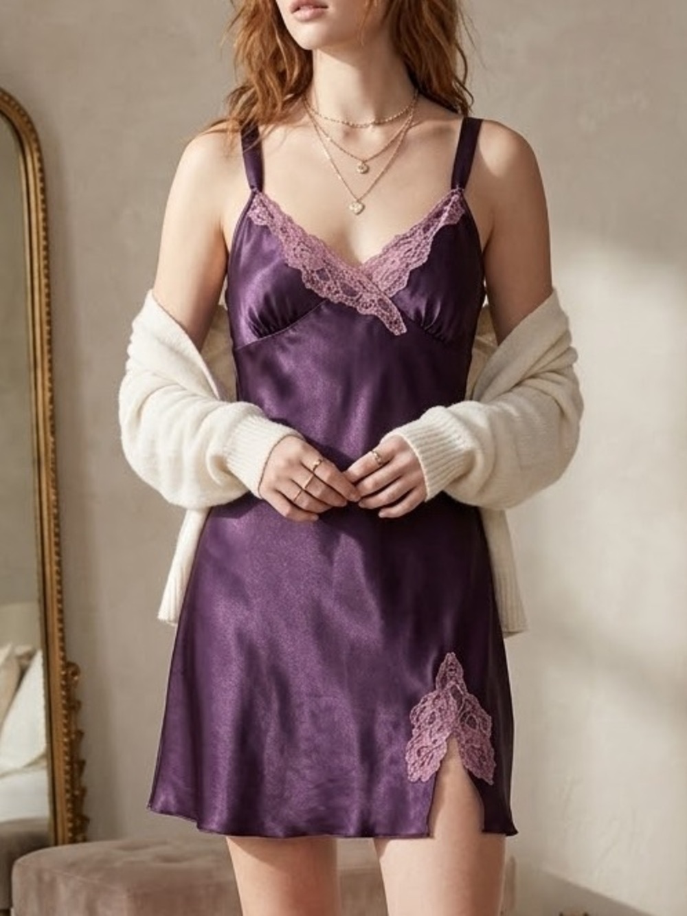 Inner Most Purple Satin Chemise Slip Dress Lace Appliqué Coquette Faircore M